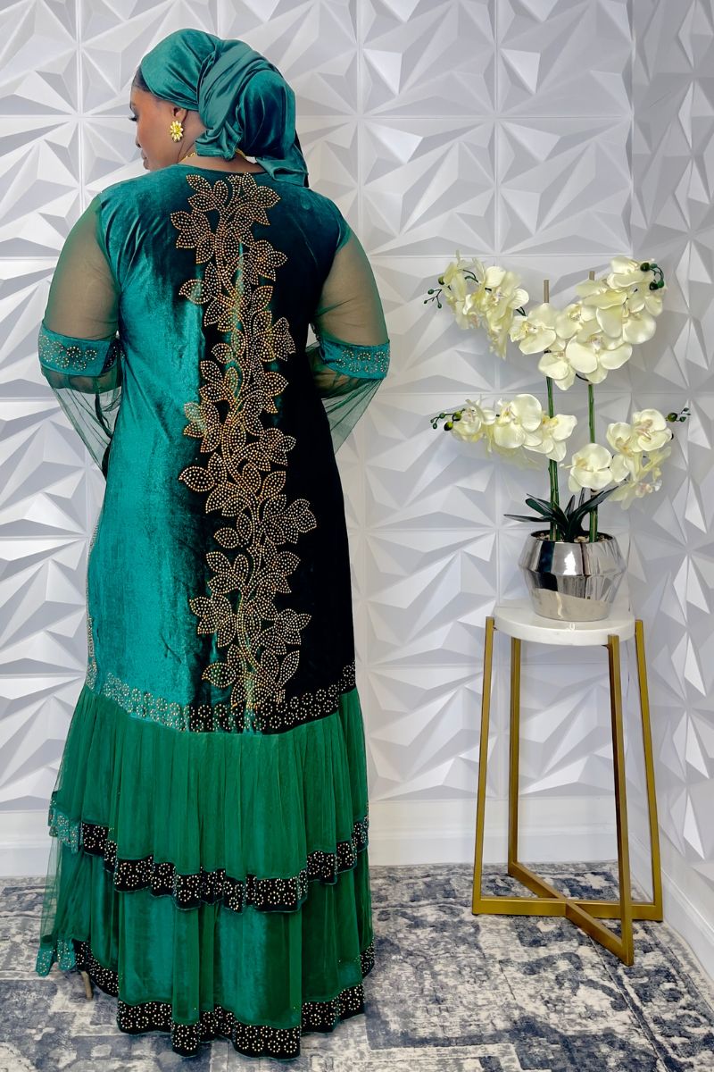 Sheri Rhinestone Velvet & Chiffon Long-Sleeve Maxi Dress with Head Tie