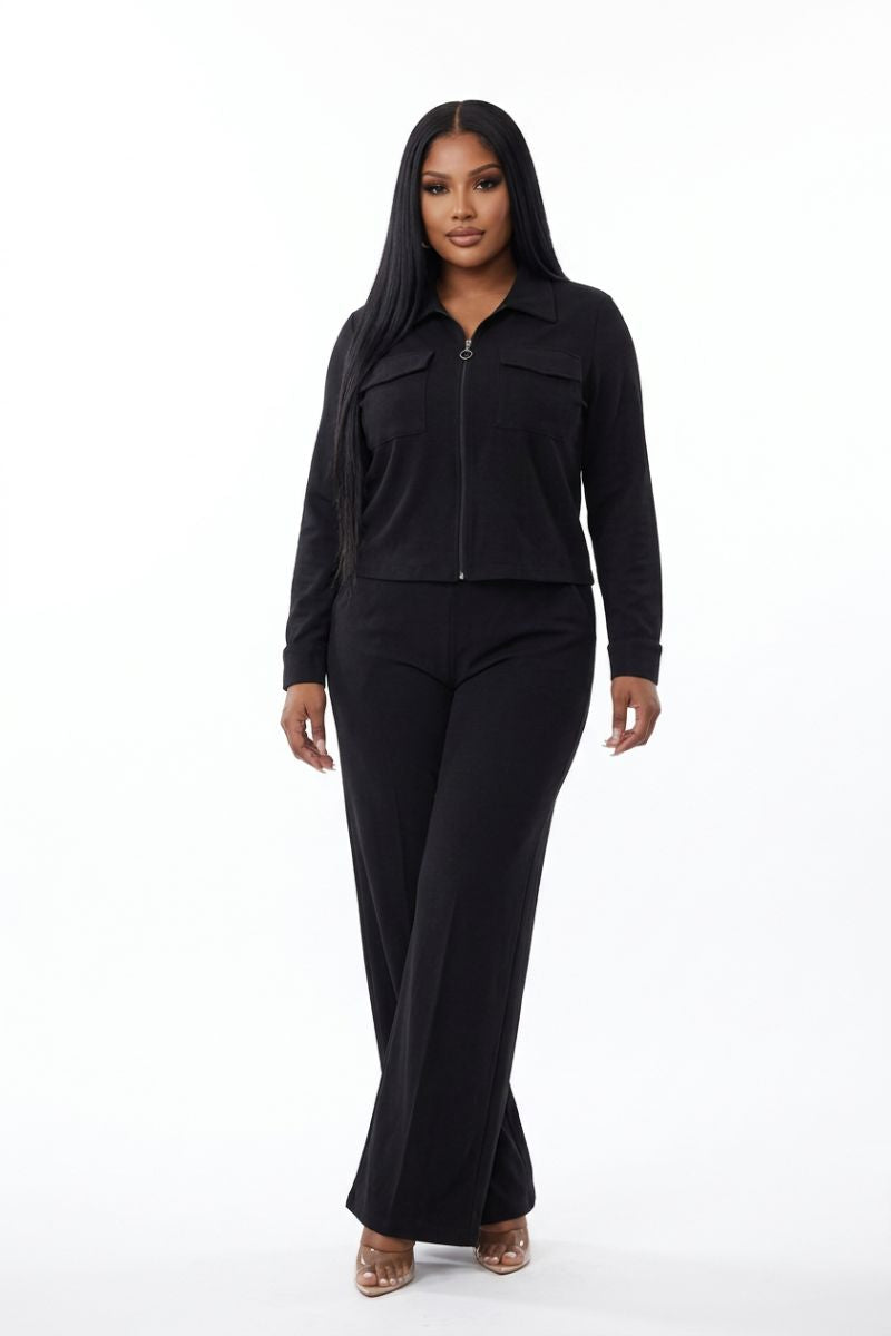 Sleek & Chic Black Zip-Up Wide-Leg Set