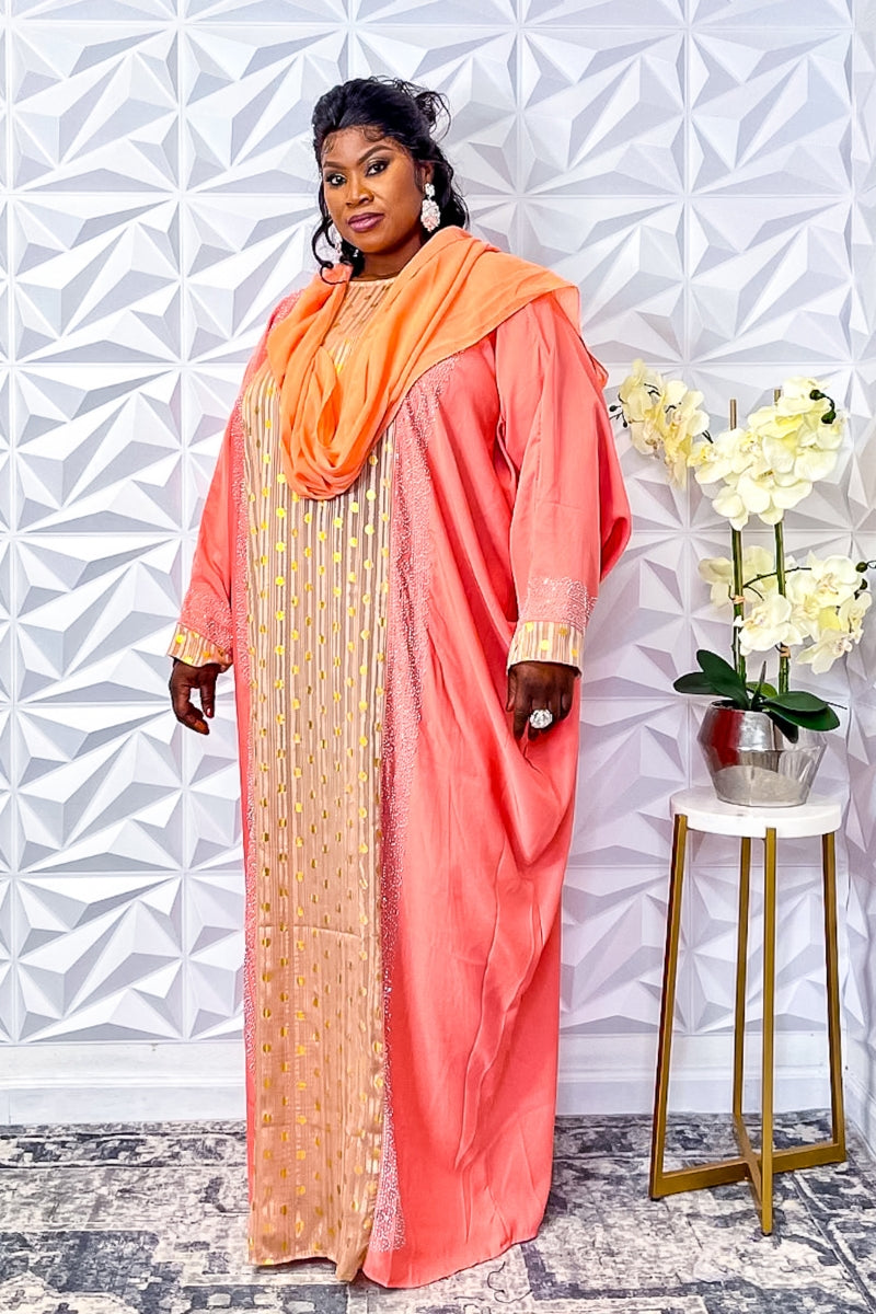 Coral Elegance: Gold-Embellished Abaya