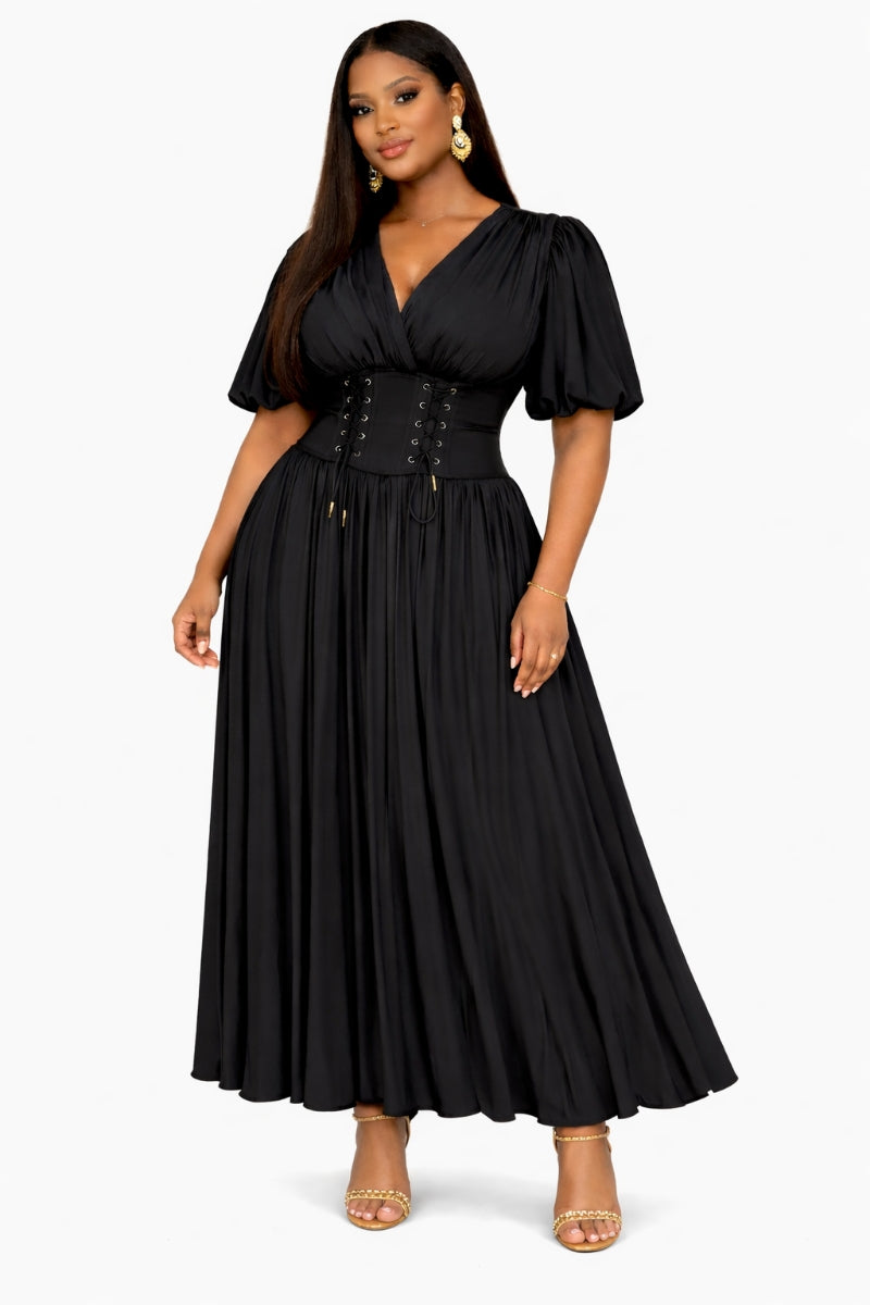 Midnight Majesty – Black Pleated Maxi Dress with Corset Waist
