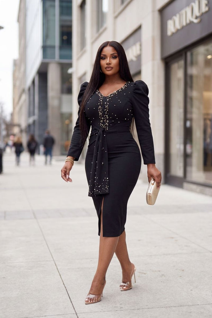 pearl embellished black dress Pearl-Embellished Midi Puff Sleeve Vintage Satin Tea Length M a ke r r y up back Waist Size:36