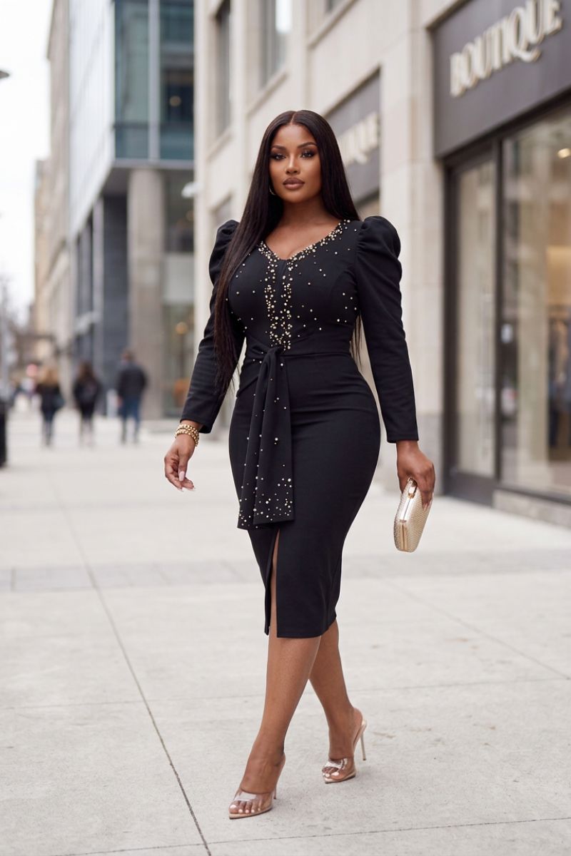 Black Pearl-Embellished Midi Dress