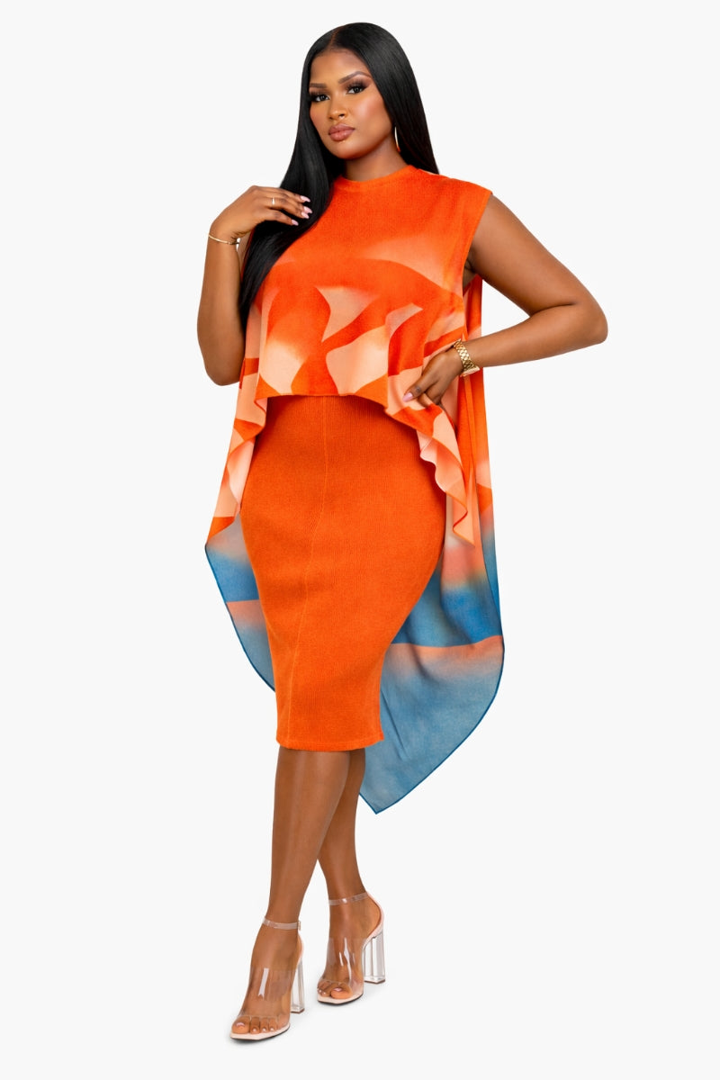 Vibrant Orange Gradient Stretch Dress Asymmetrical Cape Style