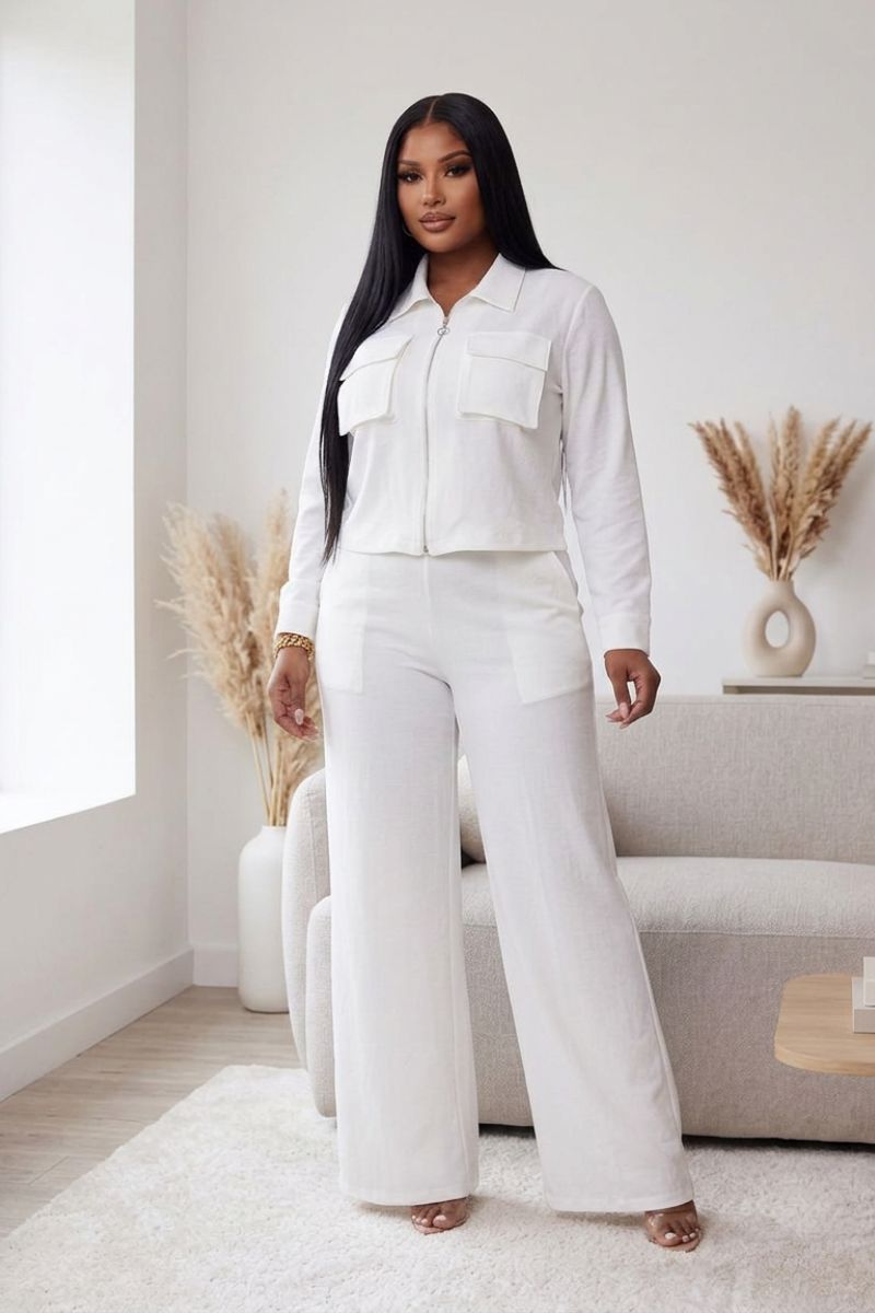 White Zip Crop &
Wide-Leg Pants Set