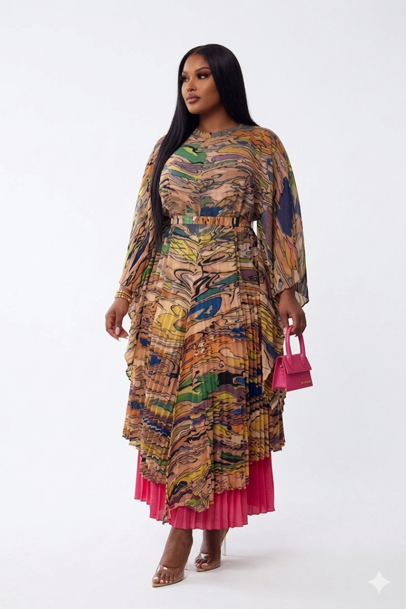 Sunset Flow – Pleated Abstract Print Two-Piece Set