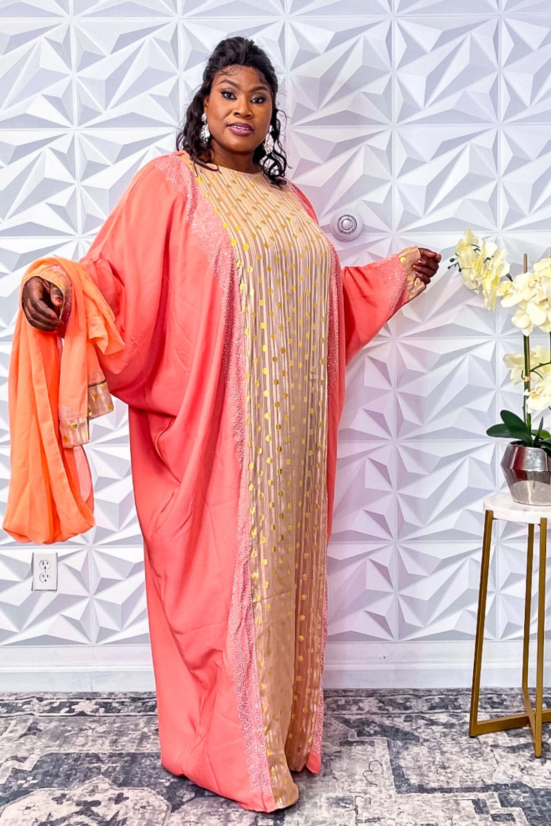 Coral Elegance: Gold-Embellished Abaya