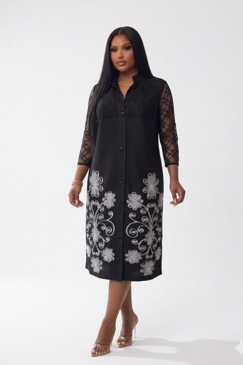 Flirty in Florals Black Sheer Lace Sleeve Dress