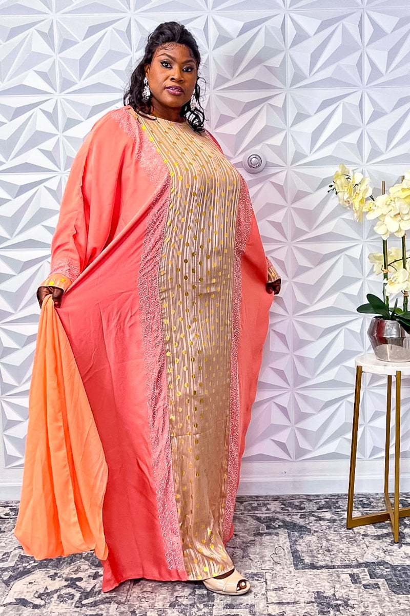 Coral Elegance: Gold-Embellished Abaya