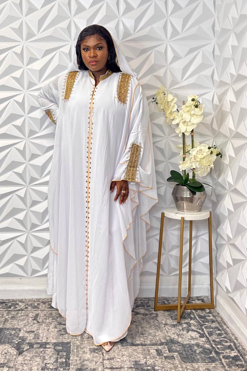Gold-Embroidered White Abaya with Attached Hat