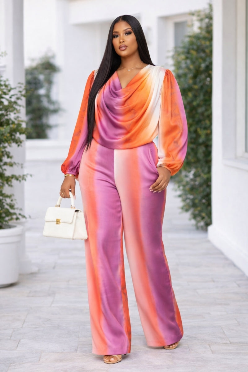 Sunset Glow Satin Cowl-Neck Wide-Leg Set
