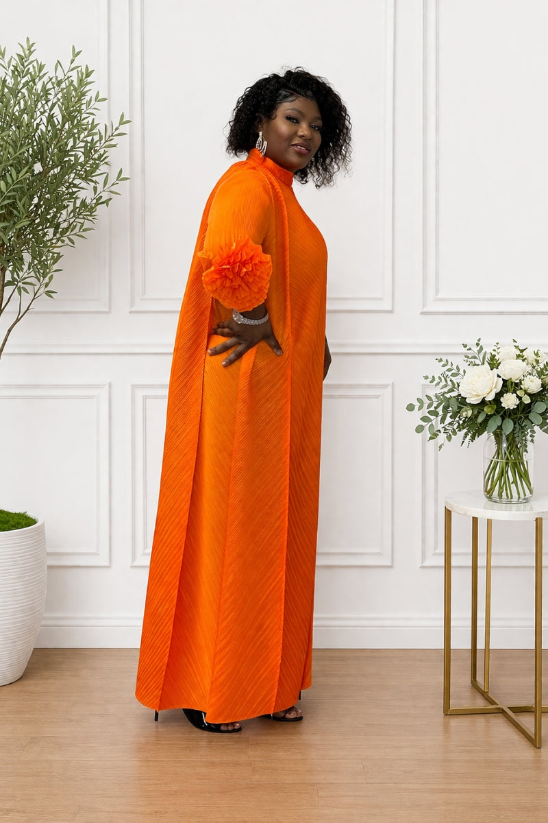 Orange Pleated Midi Dress