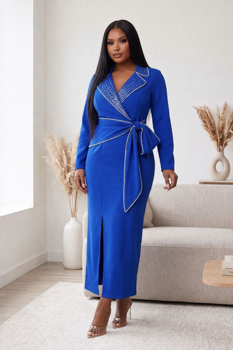 Royal Blue Rhinestone
Wrap Midi Dress