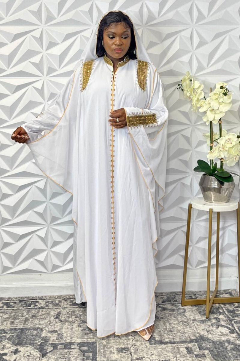 Gold-Embroidered White Abaya with Attached Hat