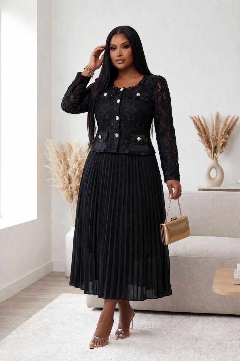 Black Pearl Button
Tweed Pleated Midi Dress