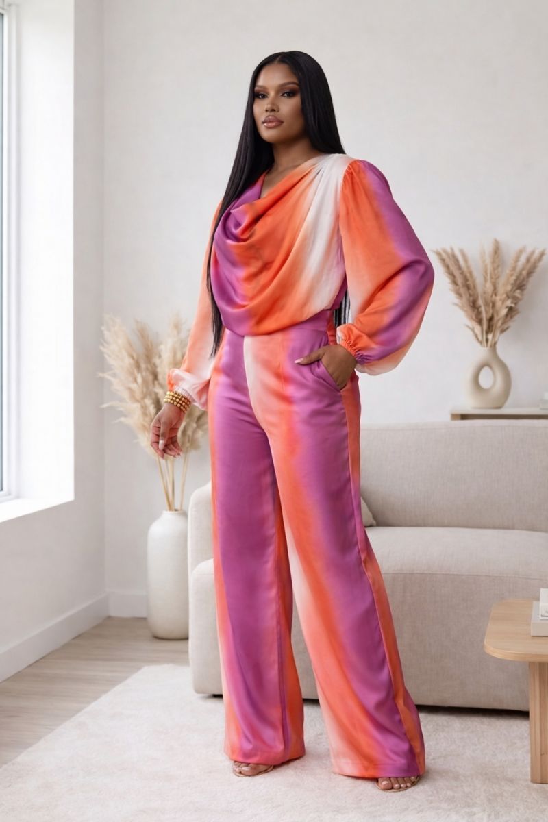 Sunset Glow Satin Cowl-Neck Wide-Leg Set