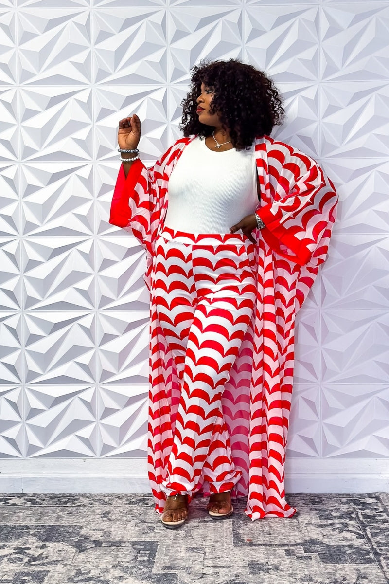Breezy Red Wave Chiffon Set for Summer Leisure