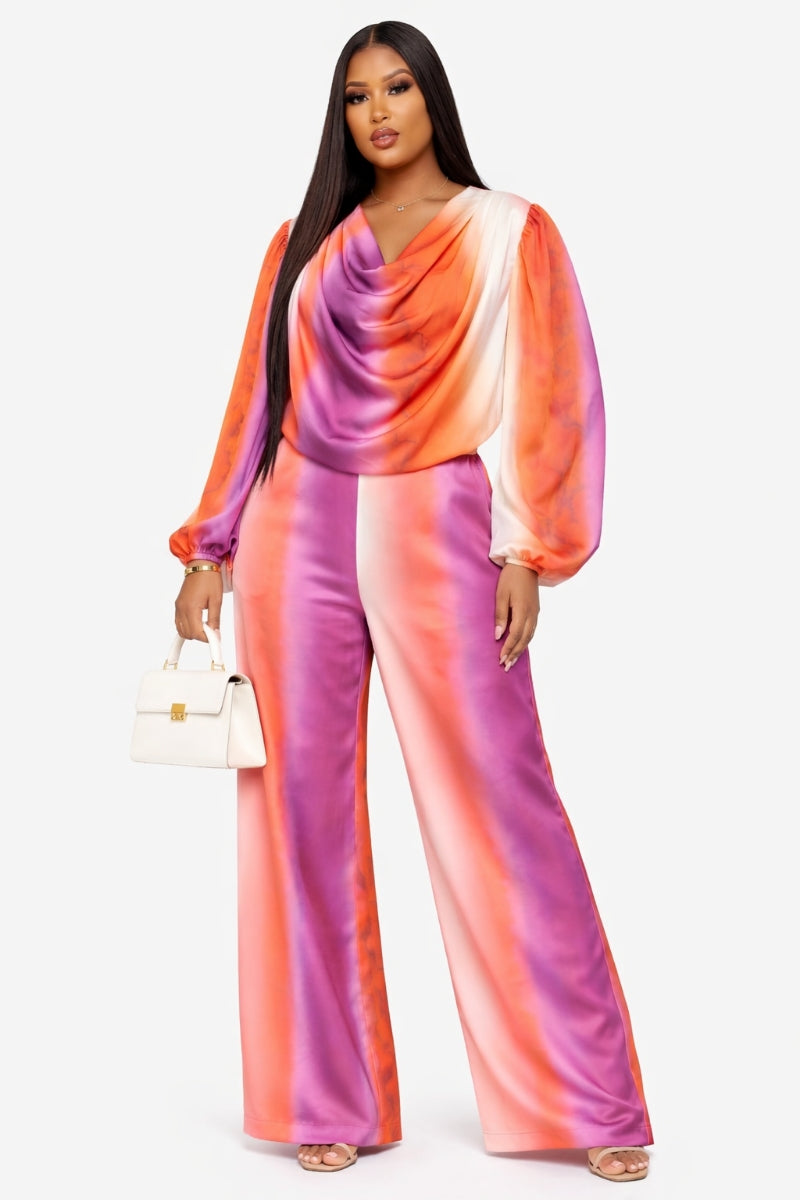 Sunset Glow Satin Cowl-Neck Wide-Leg Set