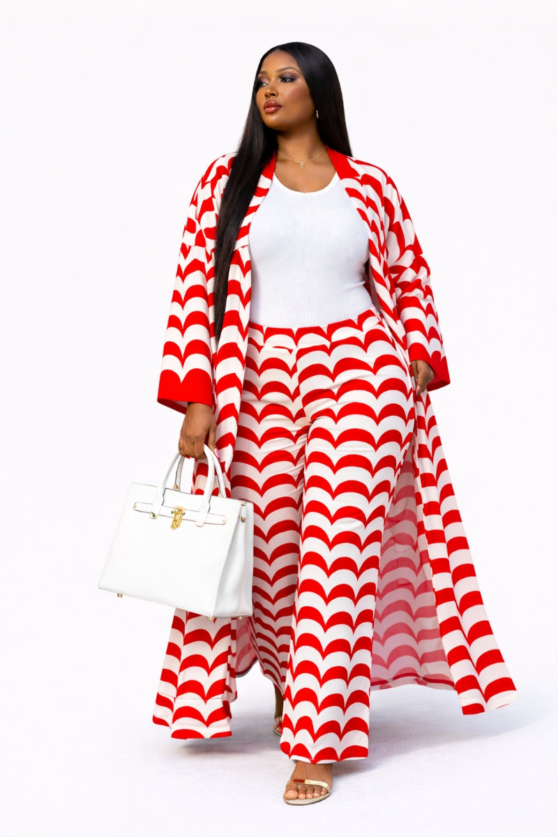 Red Wave Kimono Set – Elegant Wide Leg Pants Outfit for Women | Opulent Shines