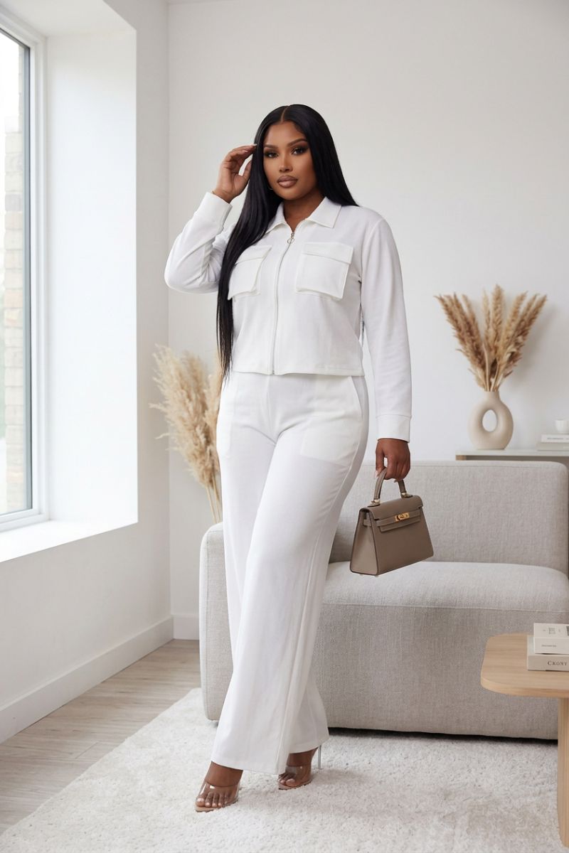 White Zip Crop &
Wide-Leg Pants Set
