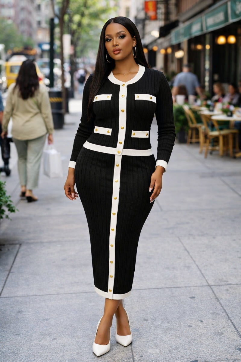 Opulent Shines Black & White Ribbed Knit Skirt Set – Elegant Two Piece Outfit for Women