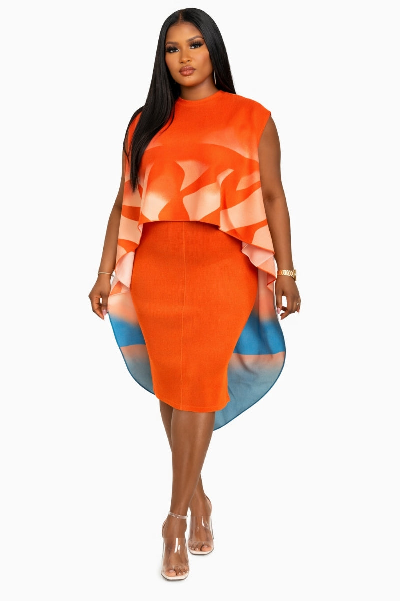 Vibrant Orange Gradient Stretch Dress Asymmetrical Cape Style