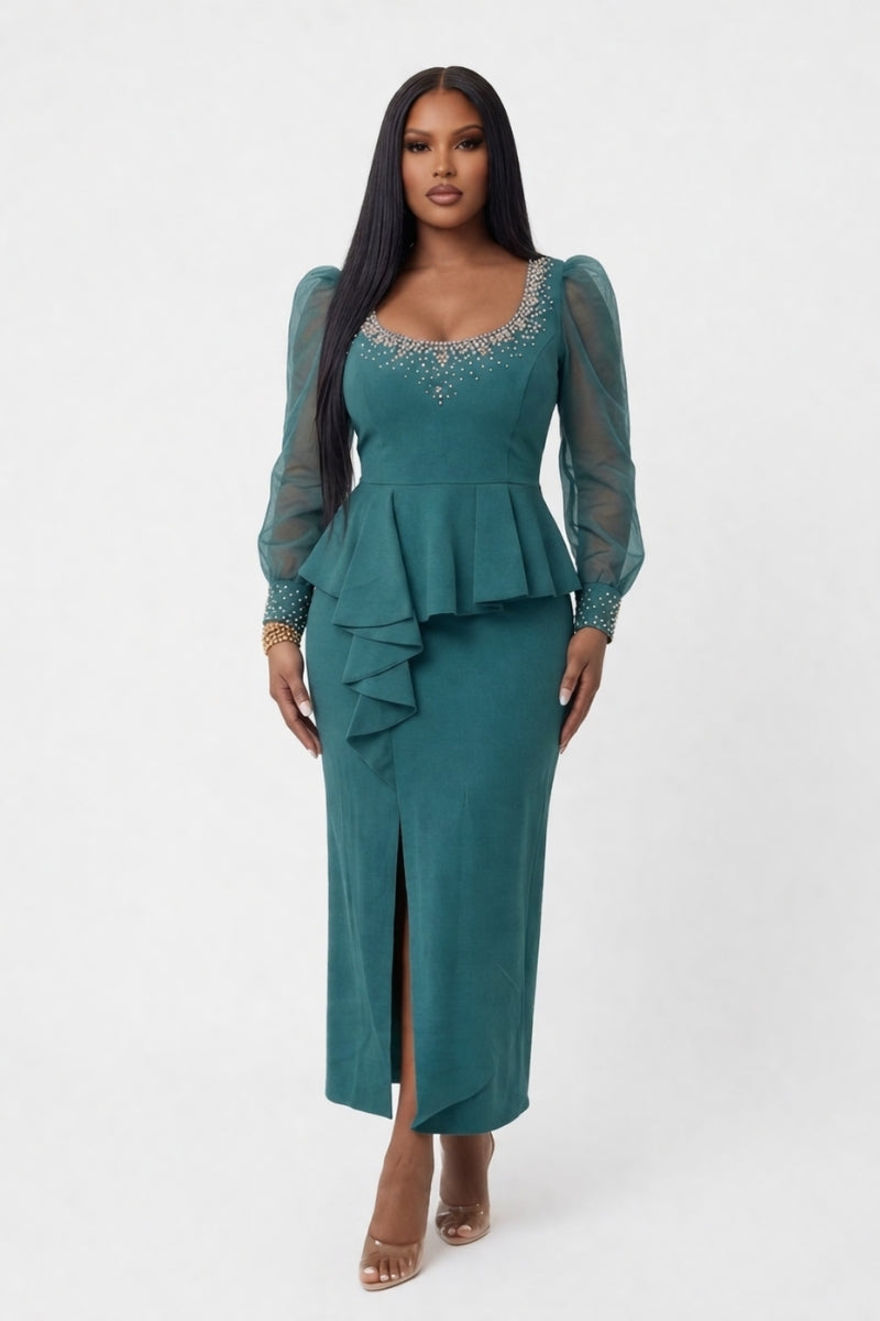 Teal Rhinestone Peplum
Maxi Dress
