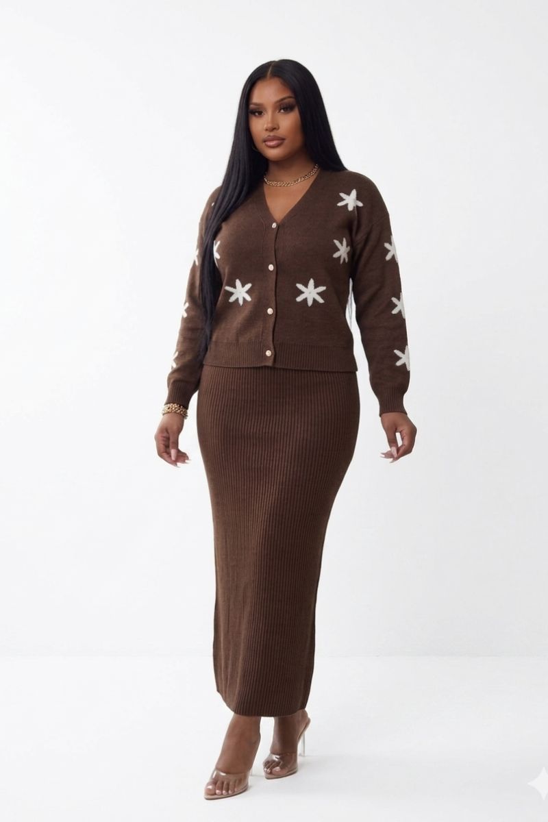 Mocha Blossom Knit Skirt Set