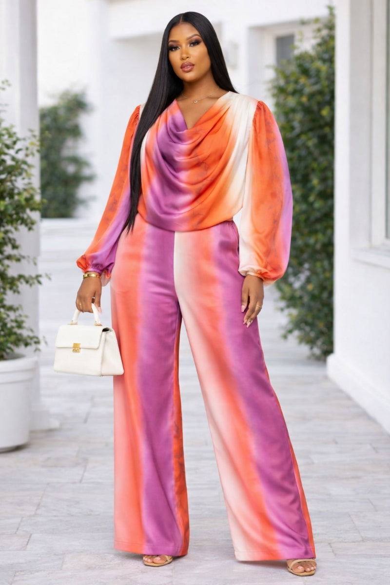 Sunset Glow Satin Cowl-Neck Wide-Leg Set