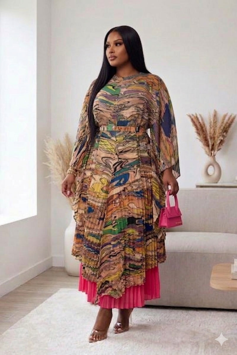 Sunset Flow – Pleated Abstract Print Two-Piece Set