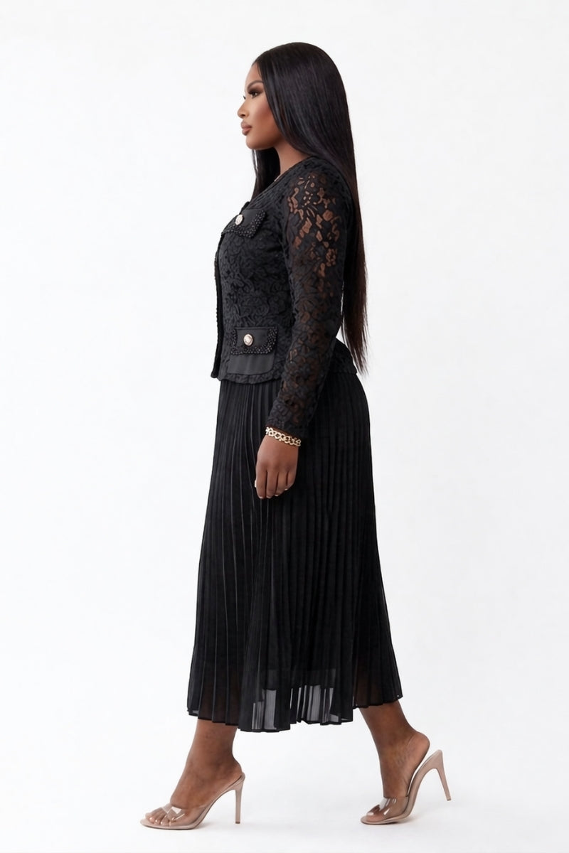 Black Pearl Button
Tweed Pleated Midi Dress
