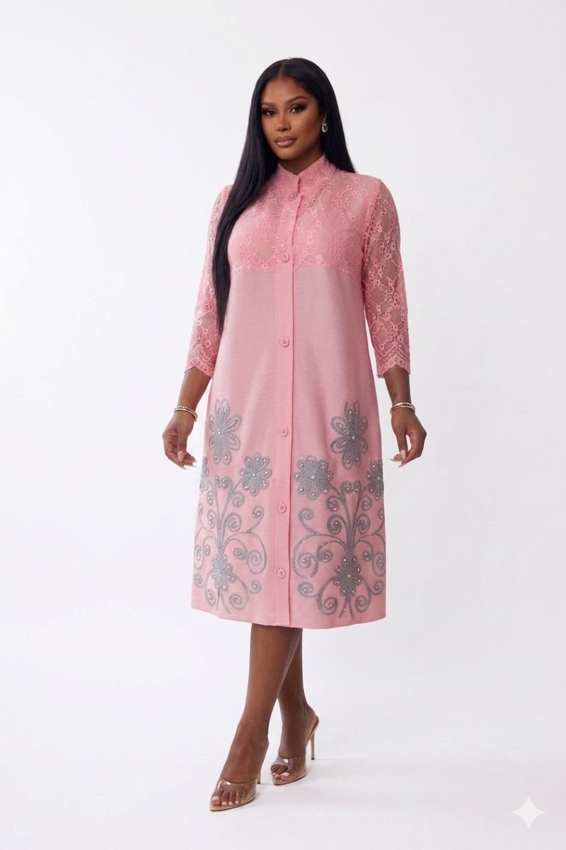 Elegant Pink Lace Embroidered Pleated Midi Dress | Chic & Classy Outfit
