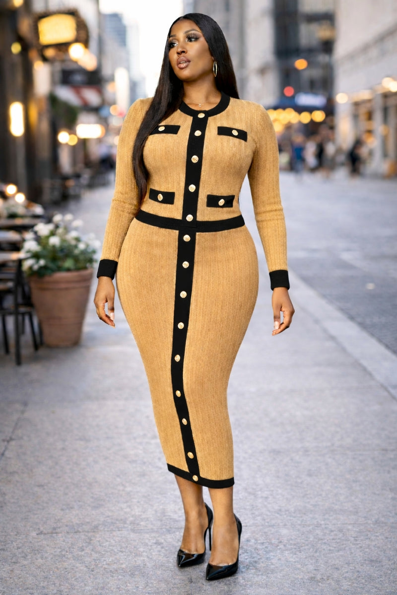 Timeless Grace Khaki & Black Knit Sweater Skirt Set