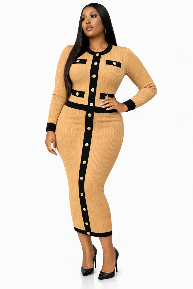 Timeless Grace Khaki & Black Knit Sweater Skirt Set