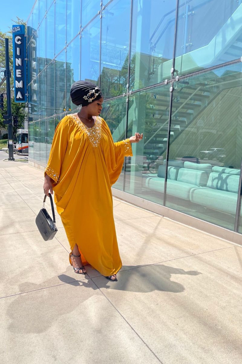 Mustard Pearl-Embellished Kaftan Maxi Dress