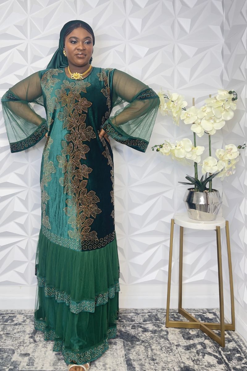 Sheri Rhinestone Velvet & Chiffon Long-Sleeve Maxi Dress with Head Tie