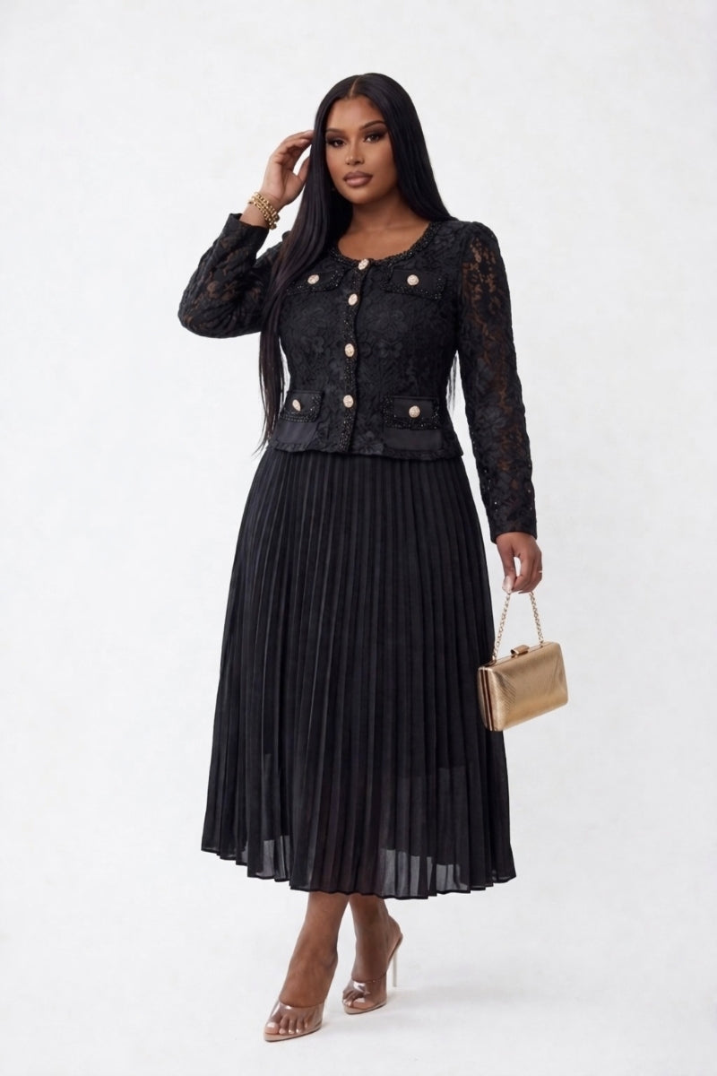 Black Pearl Button
Tweed Pleated Midi Dress