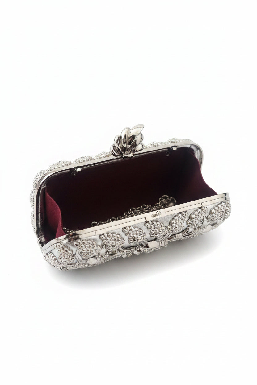 Seraphine Crystal Bloom Clutch — Silver