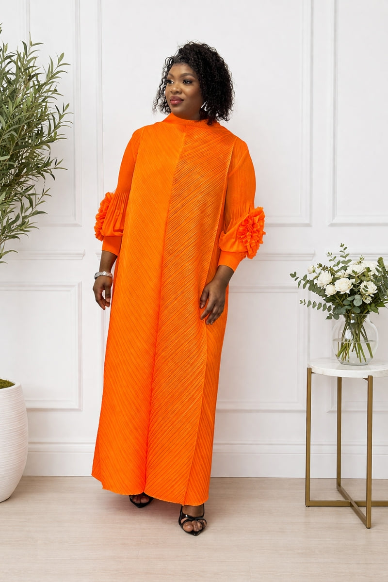 Orange Pleated Midi Dress