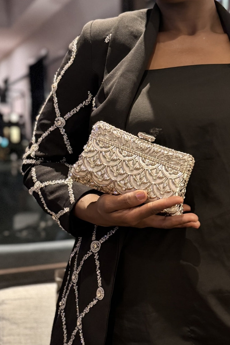 Vespera Scalloped Crystal Clutch — Silver