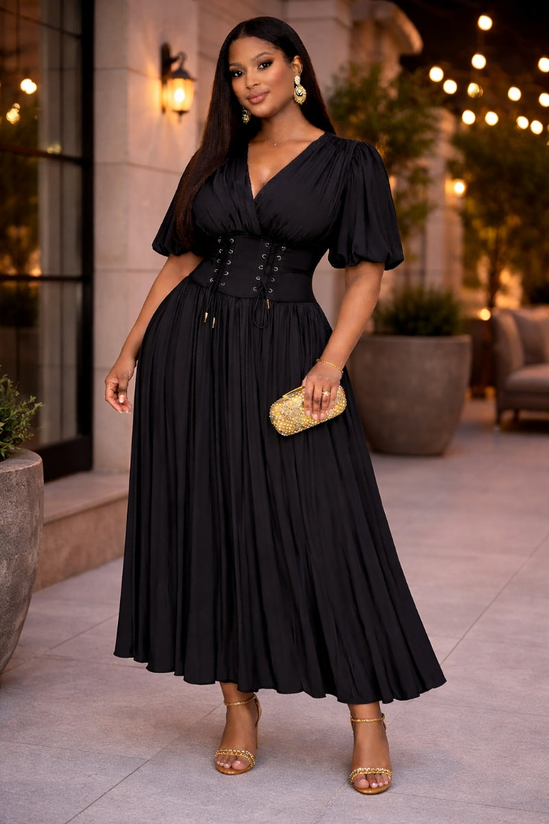 Midnight Majesty Dress – Black Corset Maxi