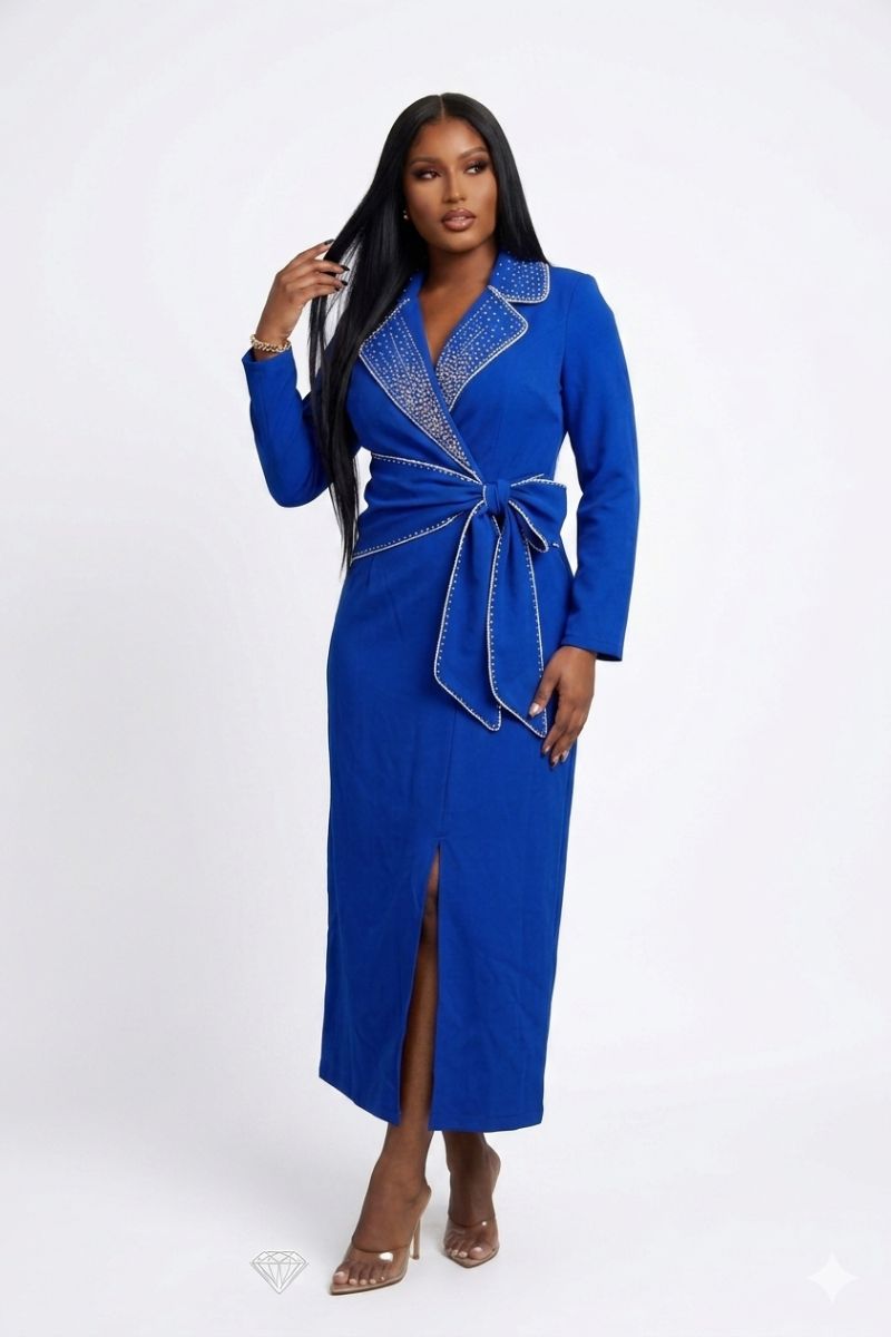 Royal Blue Rhinestone Wrap Midi Dress, L