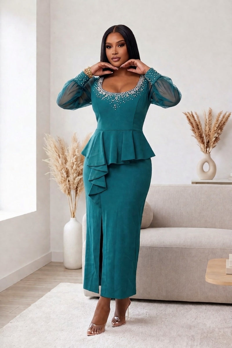 Teal Rhinestone Peplum
Maxi Dress