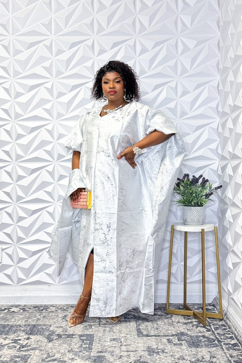 Elegant Silver Jacquard Midi Dress with Side Slit