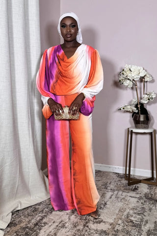 Sunset Glow Satin Cowl-Neck Wide-Leg Set - L