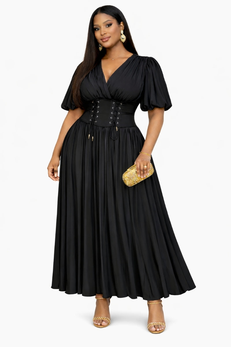 Midnight Majesty Dress – Black Corset Maxi