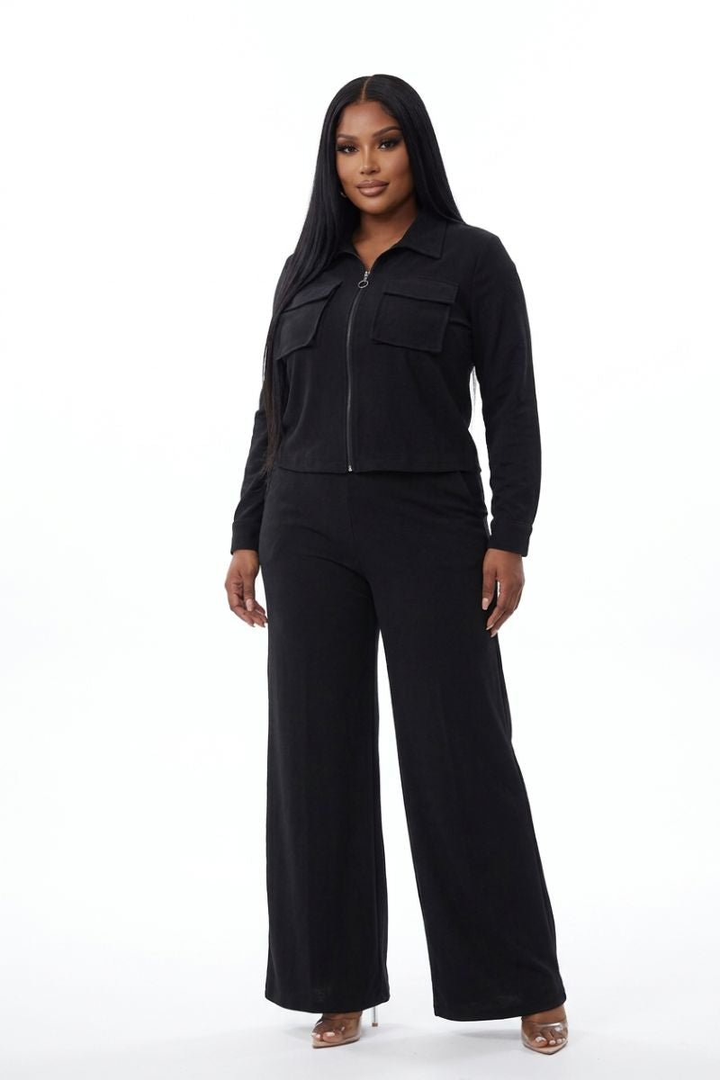 Sleek & Chic Black Zip-Up Wide-Leg Set
