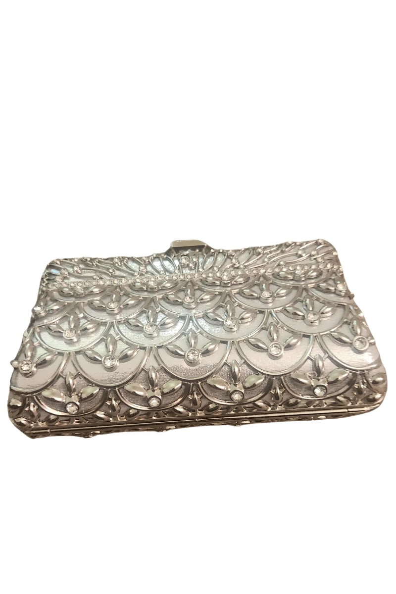 Vespera Scalloped Crystal Clutch — Silver